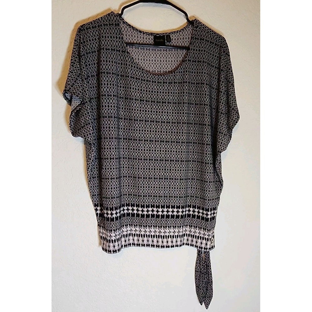 Rafaella Black White Geometric Knit Tie Hem Round Neck Top M‎ Polyester Elastane